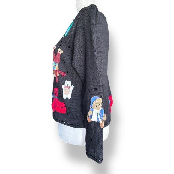 Vintage Susan Bristol Teddy Bear Applique Black Knit Cardigan Sweater Petite - Picture 3 of 13